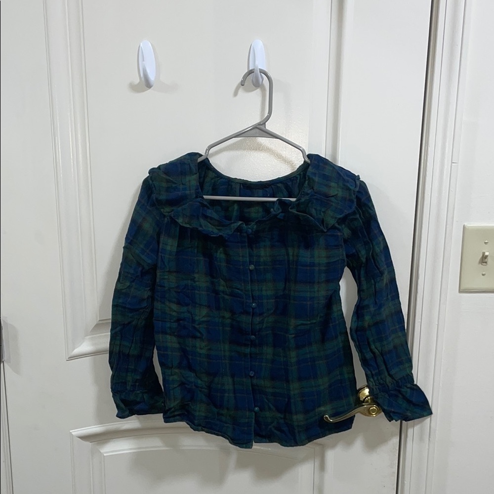 Button Down Shirt in Green and Blue with Long Sleeves and Plaid Pattern